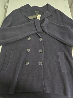 Talbots Navy Double-Breasted Knit Cardigan Jacket